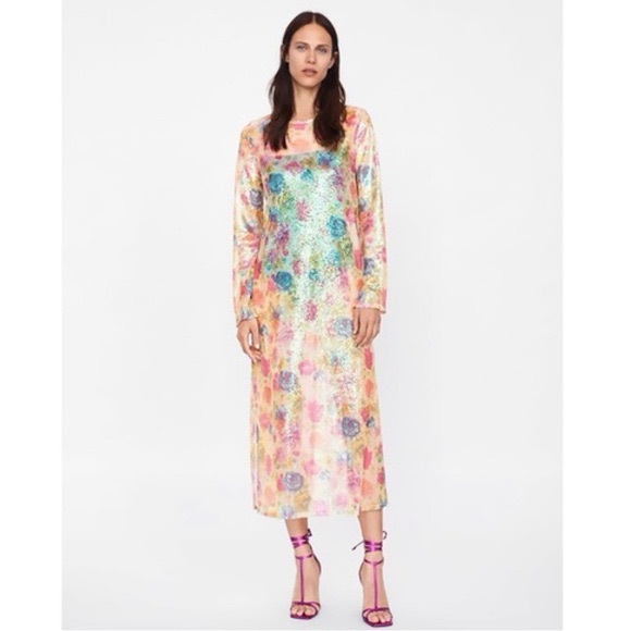 Zara Floral Print Sequin Midi Long Sleeve Dress - Picture 3 of 9